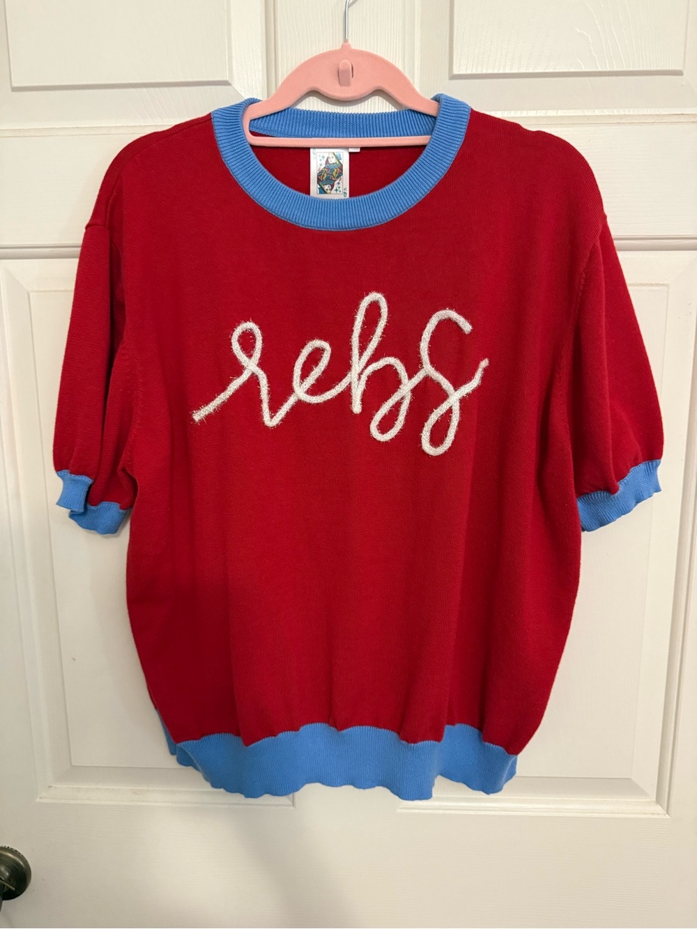 Queen of Sparkles RedSweater with Blue Trim and Rebs Detail